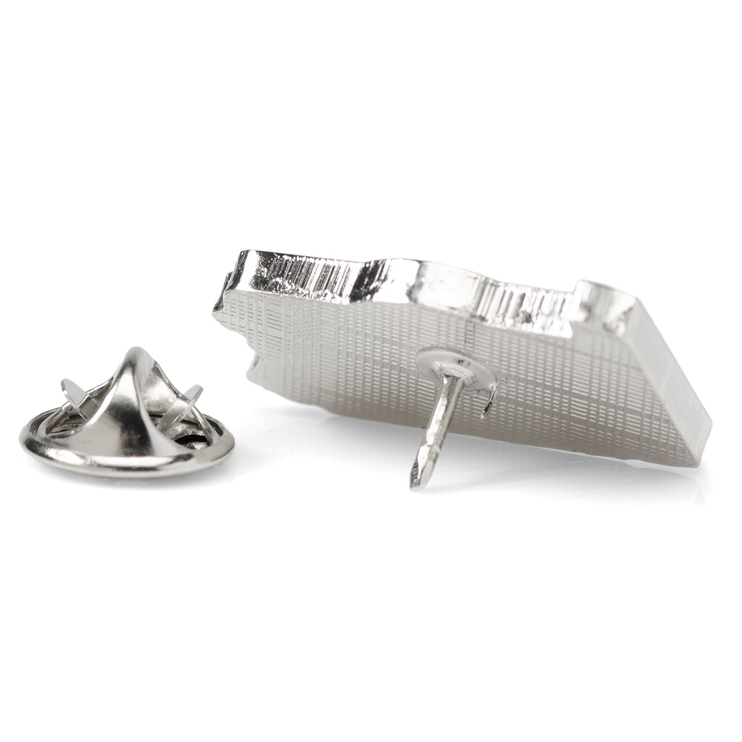 Silver textured lapel pin on a white background