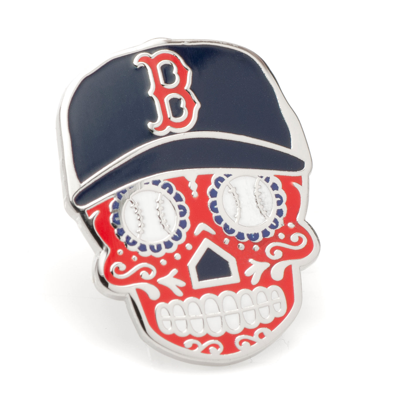 Skull-shaped pin with baseball design and navy cap with red 'B' on a white background Boston red sox 