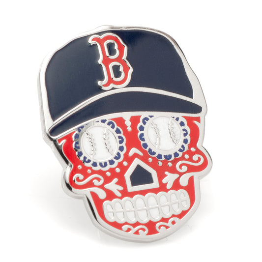 Skull-shaped pin with baseball design and navy cap with red 'B' on a white background Boston red sox 