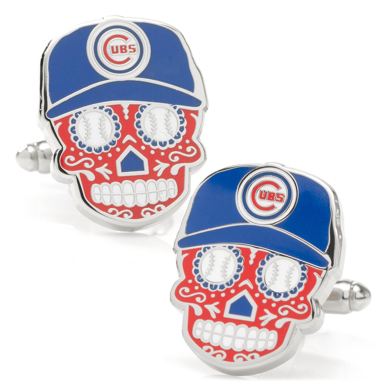 Skull-shaped cufflinks with Chicago Cubs logo on a white background