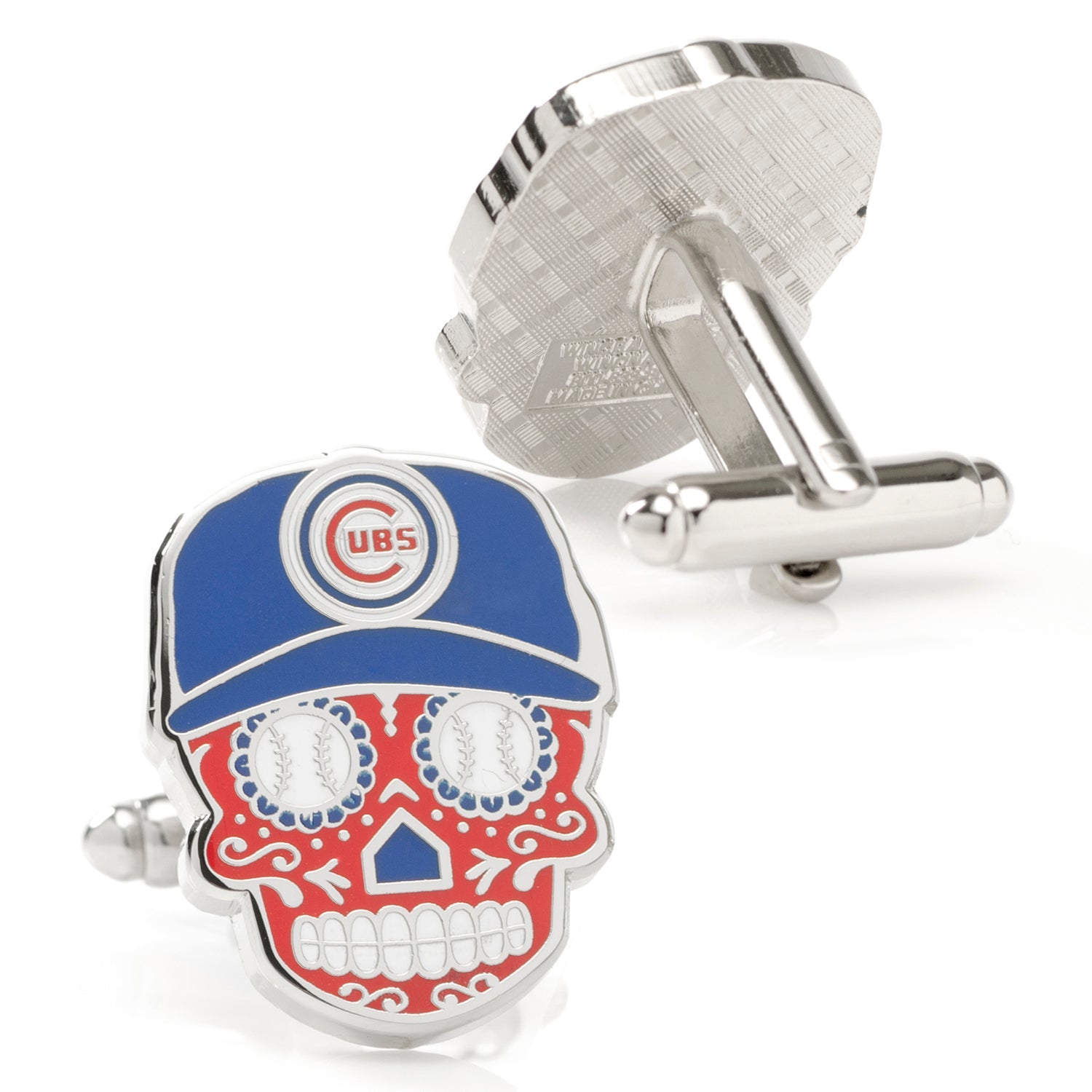 Cufflinks with a red and blue skull design featuring the Cubs logo on a white background