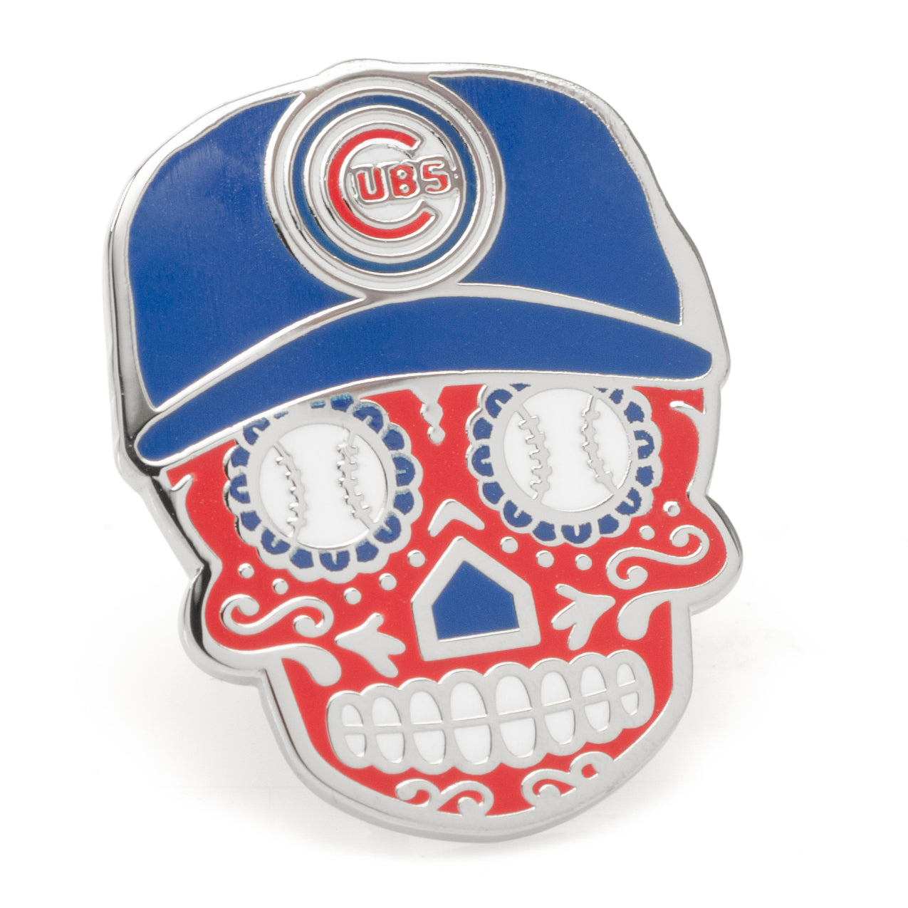 Skull-shaped pin with Cubs logo on a white background
