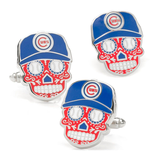 Three red and blue skull-shaped earrings with Cubs logo on a white background