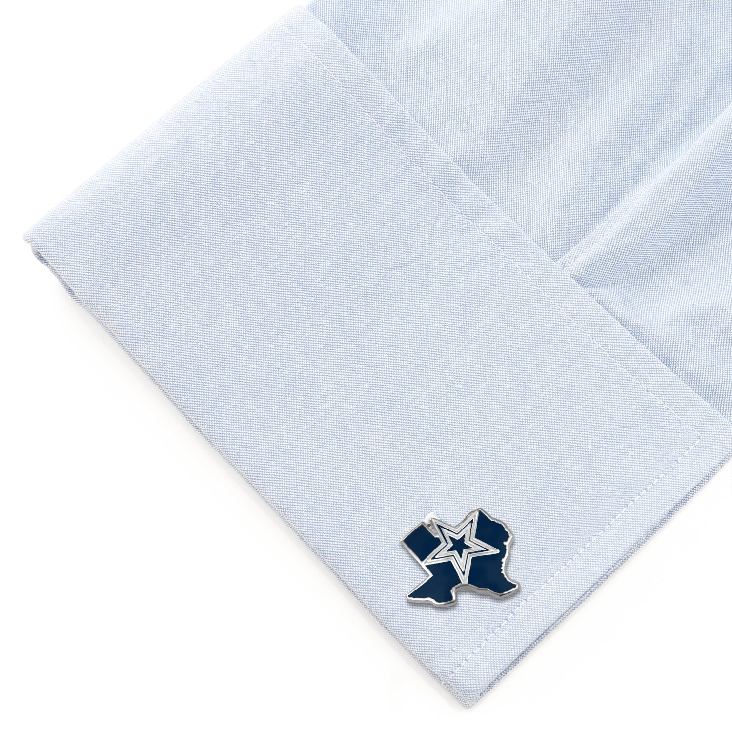 Cufflinks with a star design on a light blue pocket square NFL Dallas Cowboys State Shaped Cufflinks