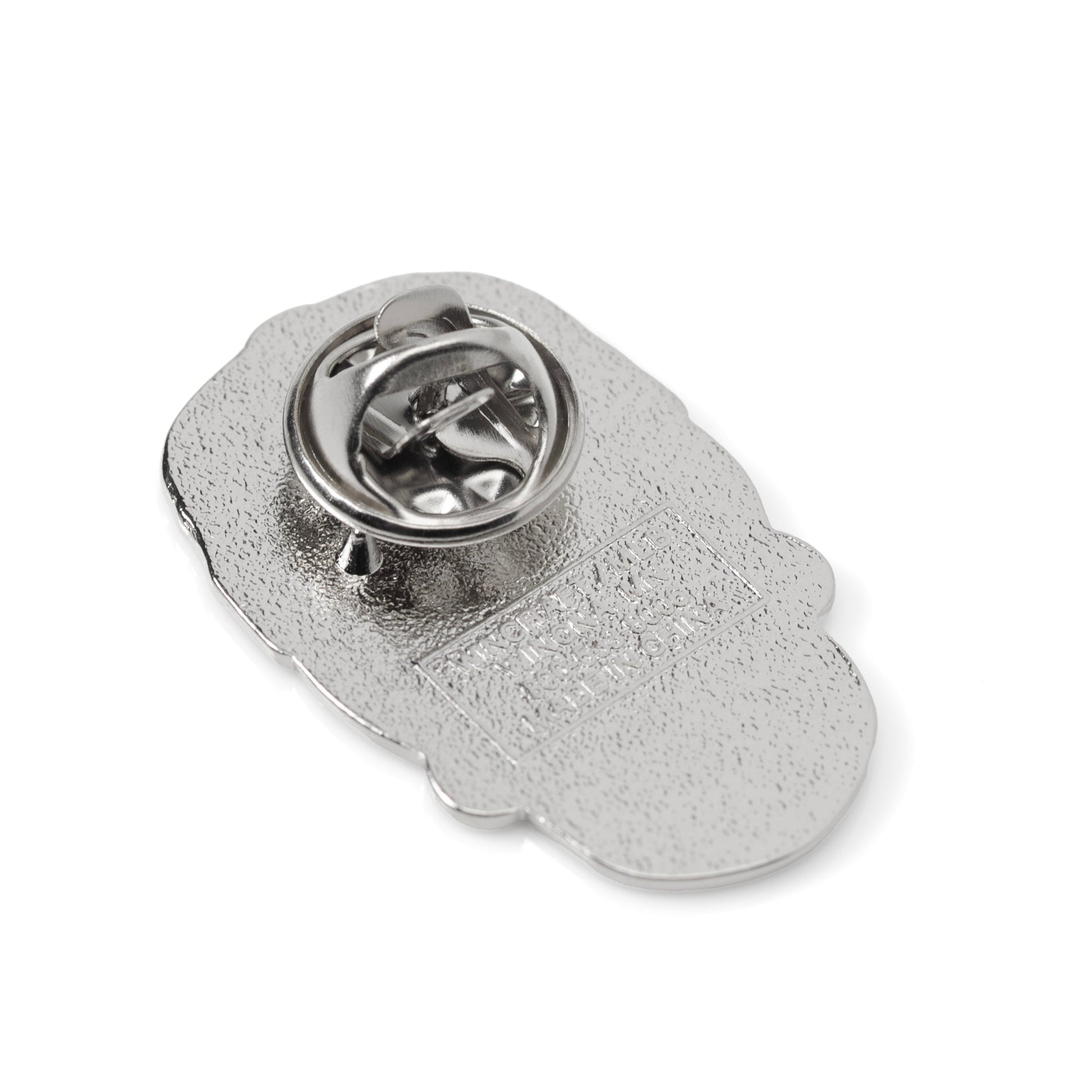 Metallic cloud-shaped lapel pin on a white background