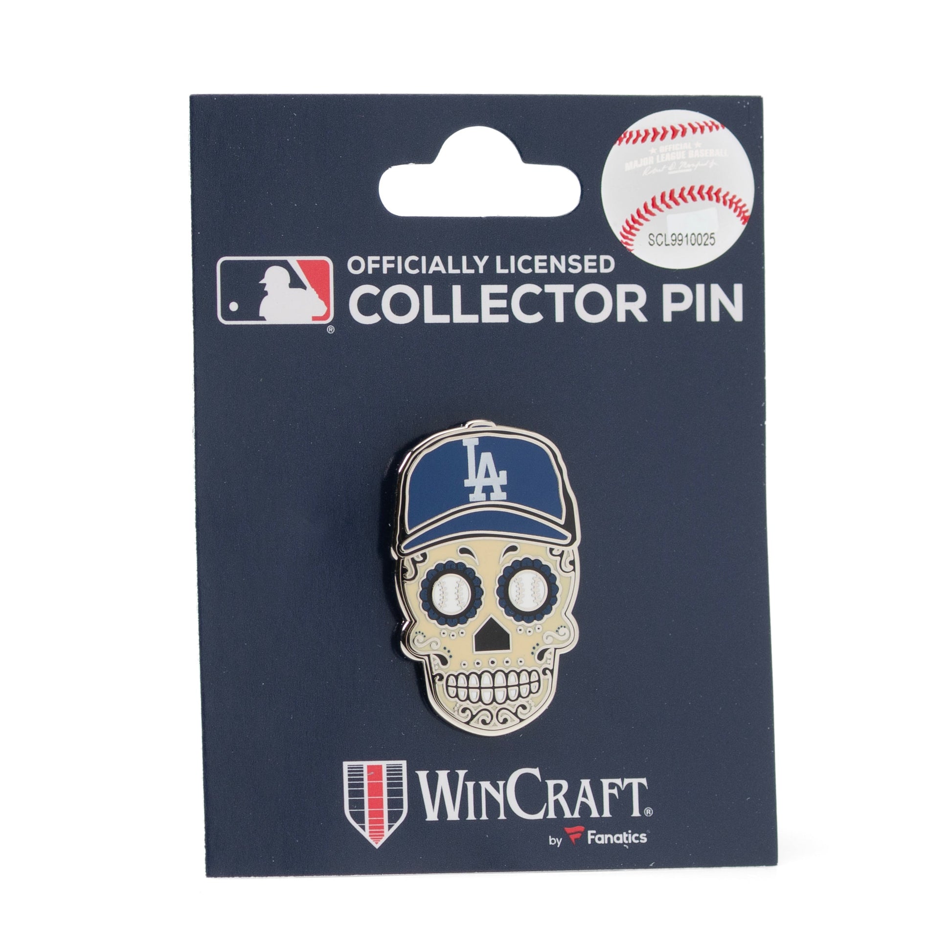 Collector pin with skull design and LA Dodgers cap on WinCraft packaging