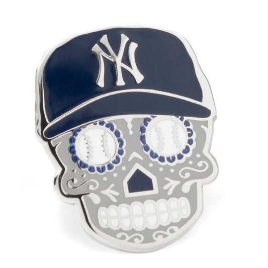 Skull-shaped pin with New York Yankees cap design on a white background