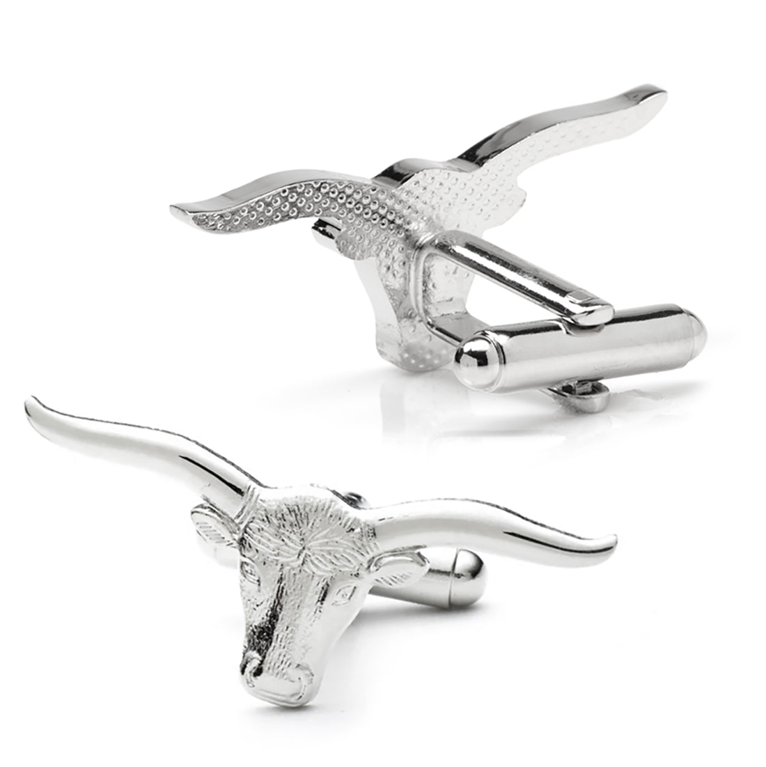 Silver longhorn cattle head cufflinks on a white background