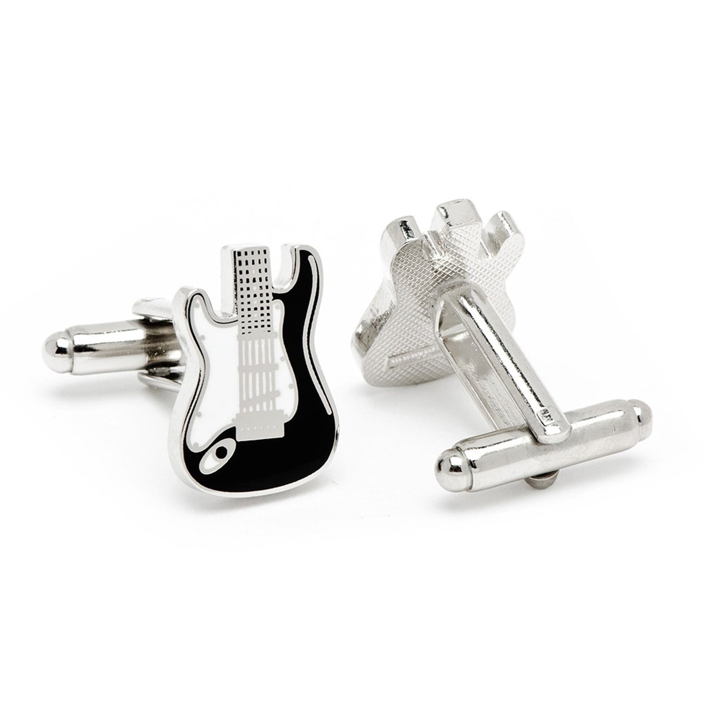 Guitar-shaped cufflinks on a white background