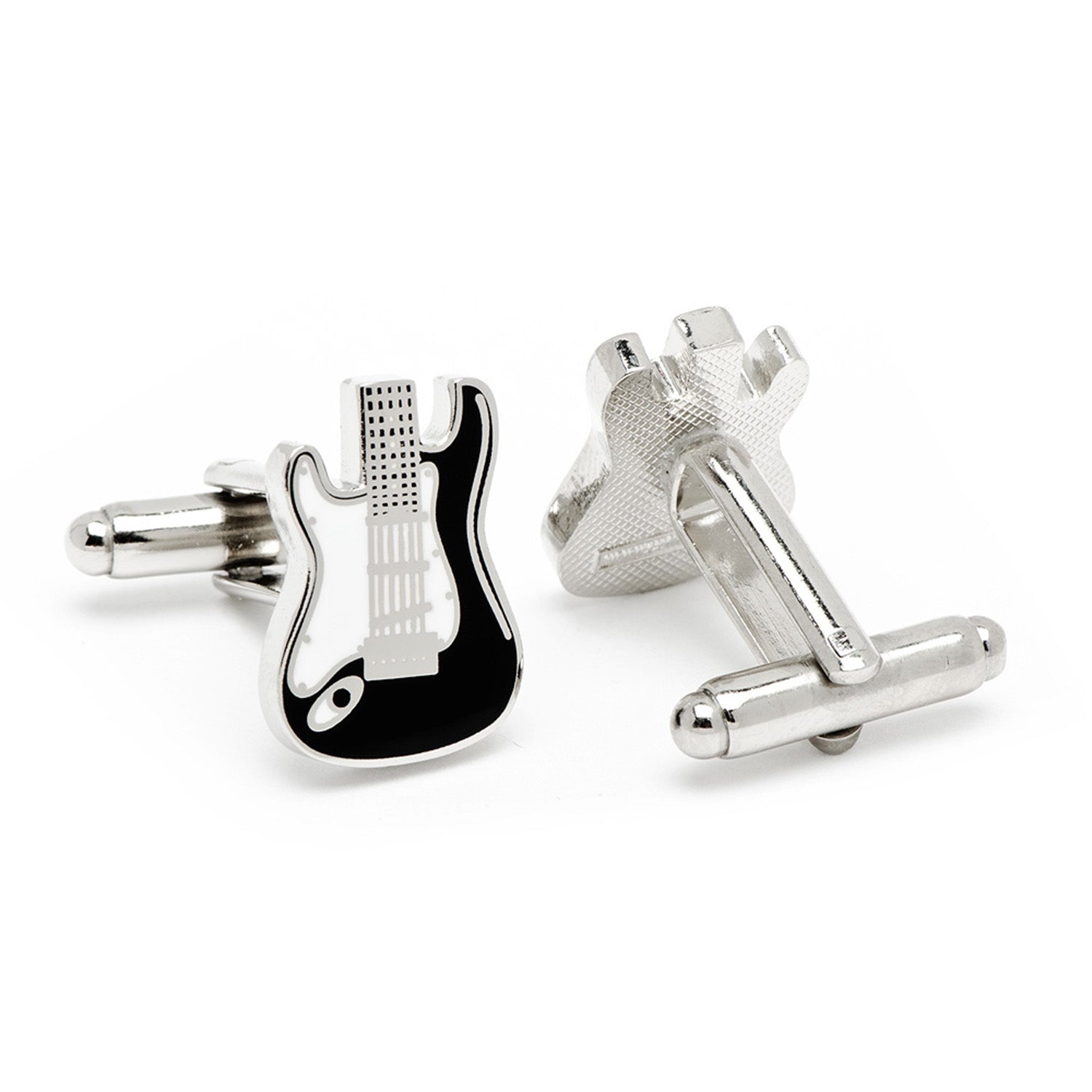Guitar-shaped cufflinks on a white background