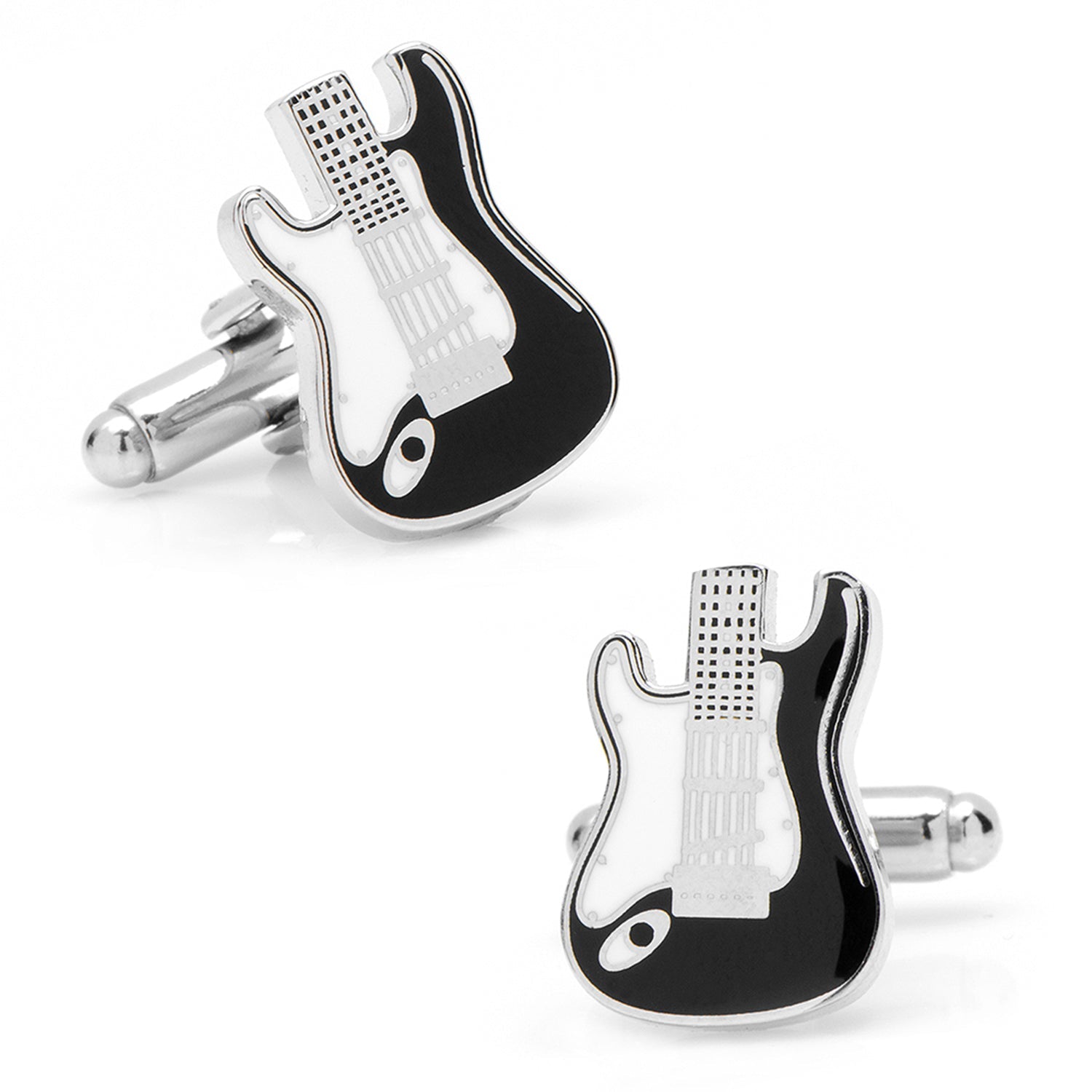 Guitar-shaped cufflinks on a white background
