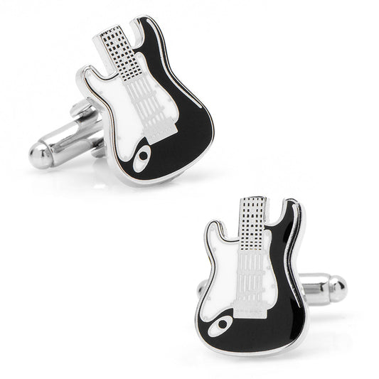Guitar-shaped cufflinks on a white background