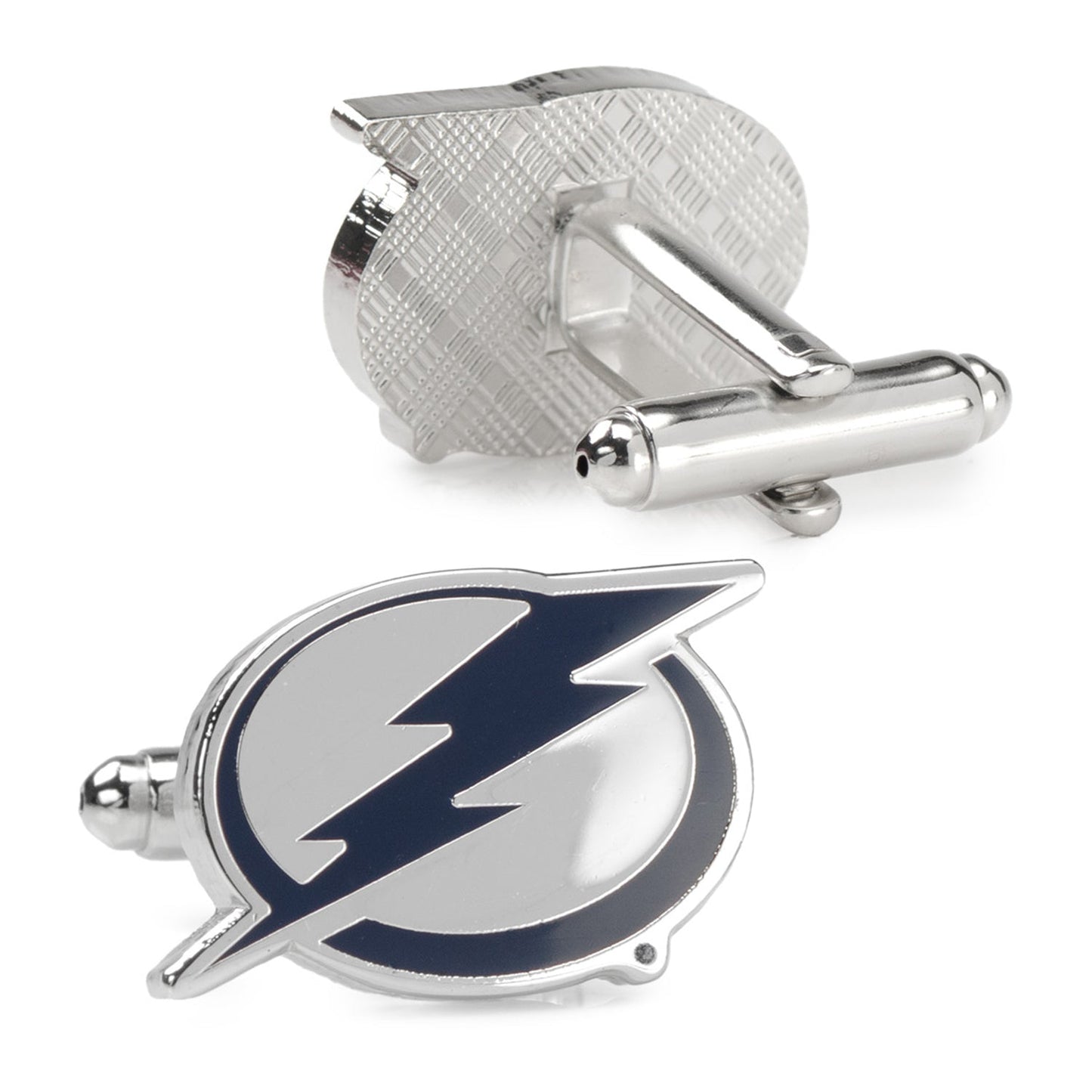 Silver cufflinks with a blue lightning bolt design on a white background