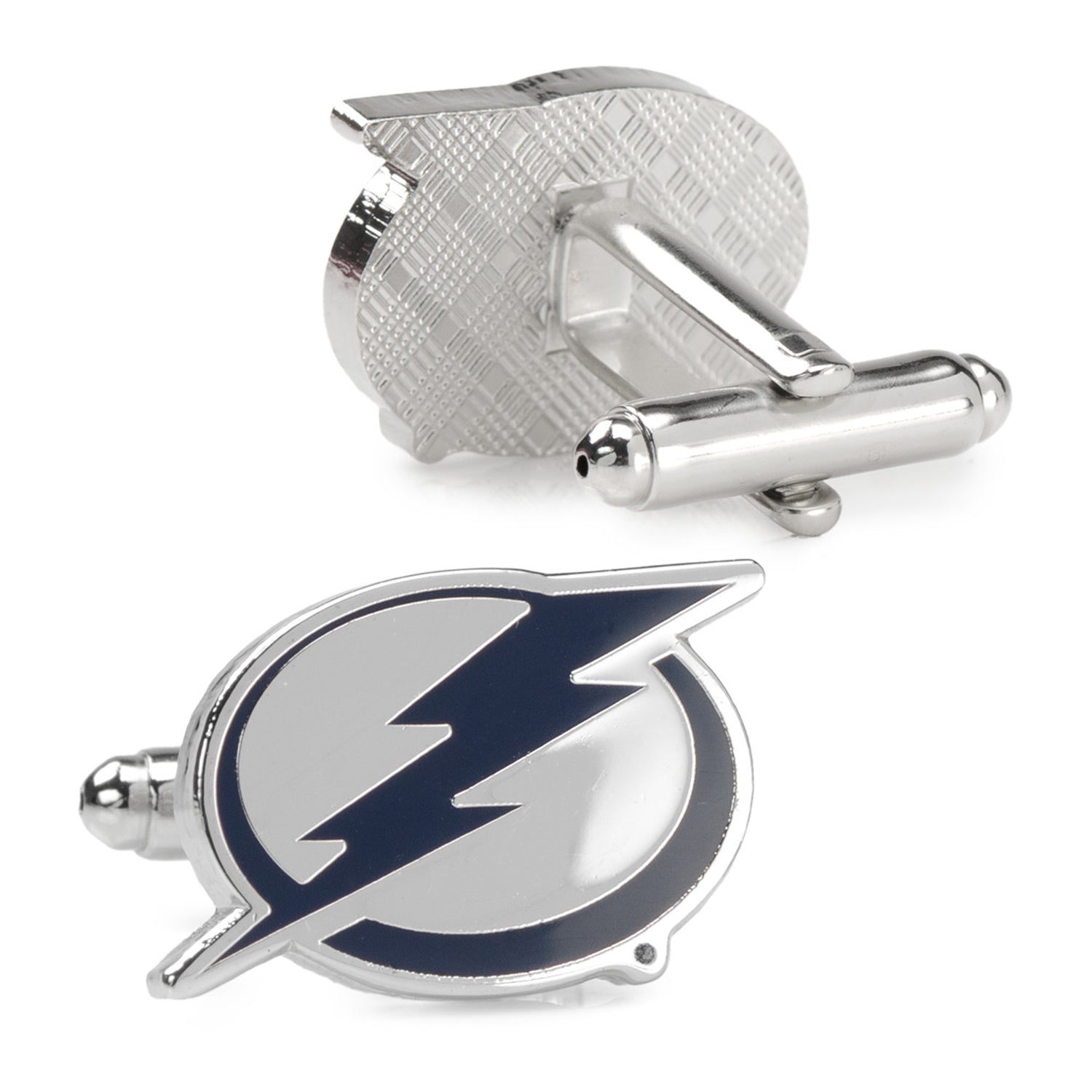 Silver cufflinks with a blue lightning bolt design on a white background