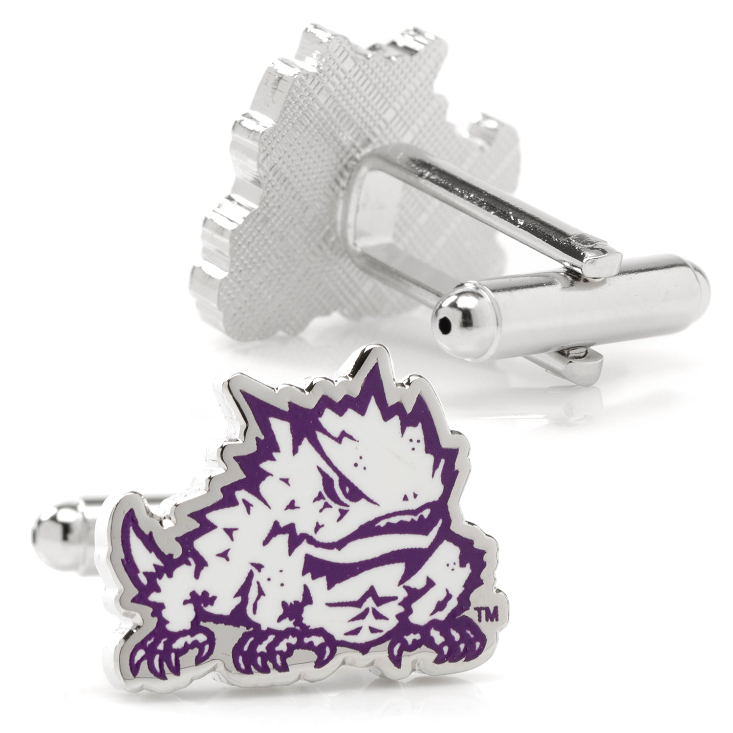 NCAA TCU Horned Frog Cufflinks Cufflinks with a purple and white logo on a white background