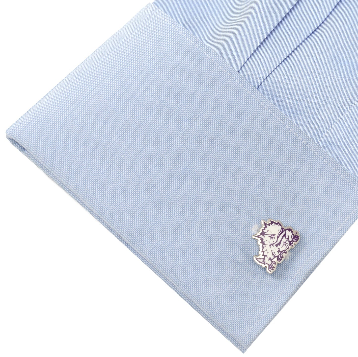 NCAA TCU Horned Frog Cufflinks Silver cufflink on a light blue dress shirt