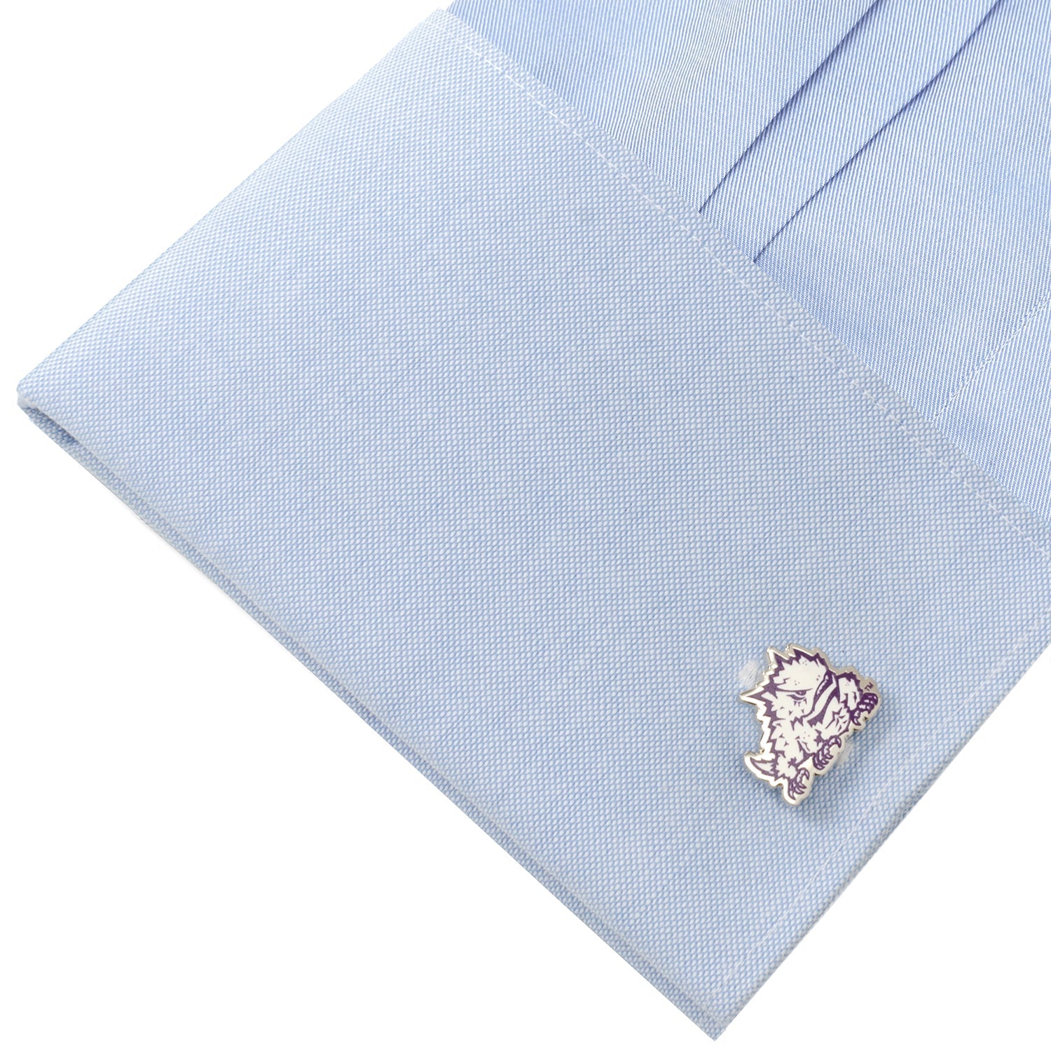 NCAA TCU Horned Frog Cufflinks Silver cufflink on a light blue dress shirt