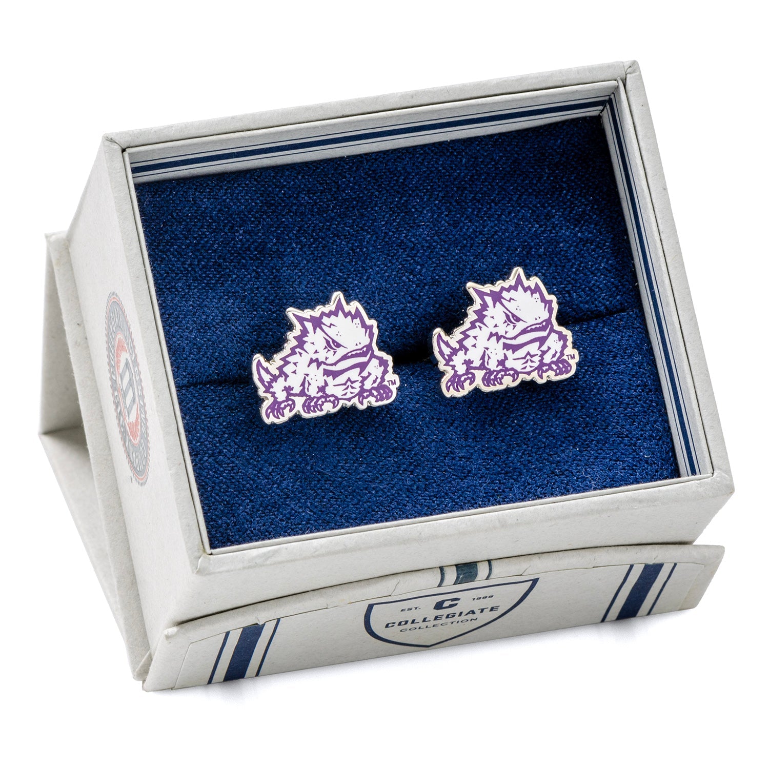 Purple and silver animal head earrings in a blue box NCAA TCU Horned Frog Cufflinks