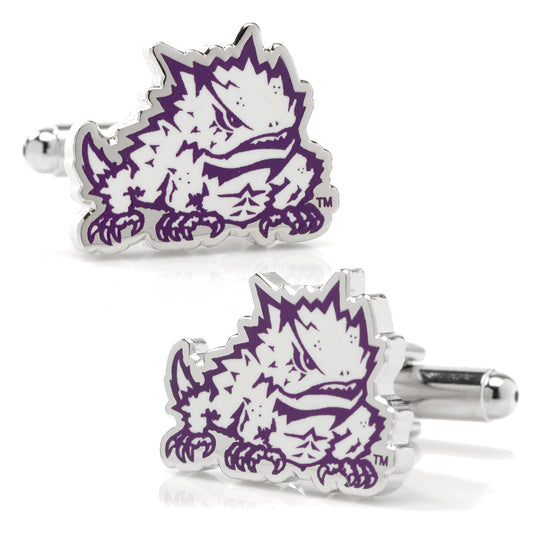 NCAA TCU Horned Frog Cufflinks Cufflinks with a purple and white logo on a white background