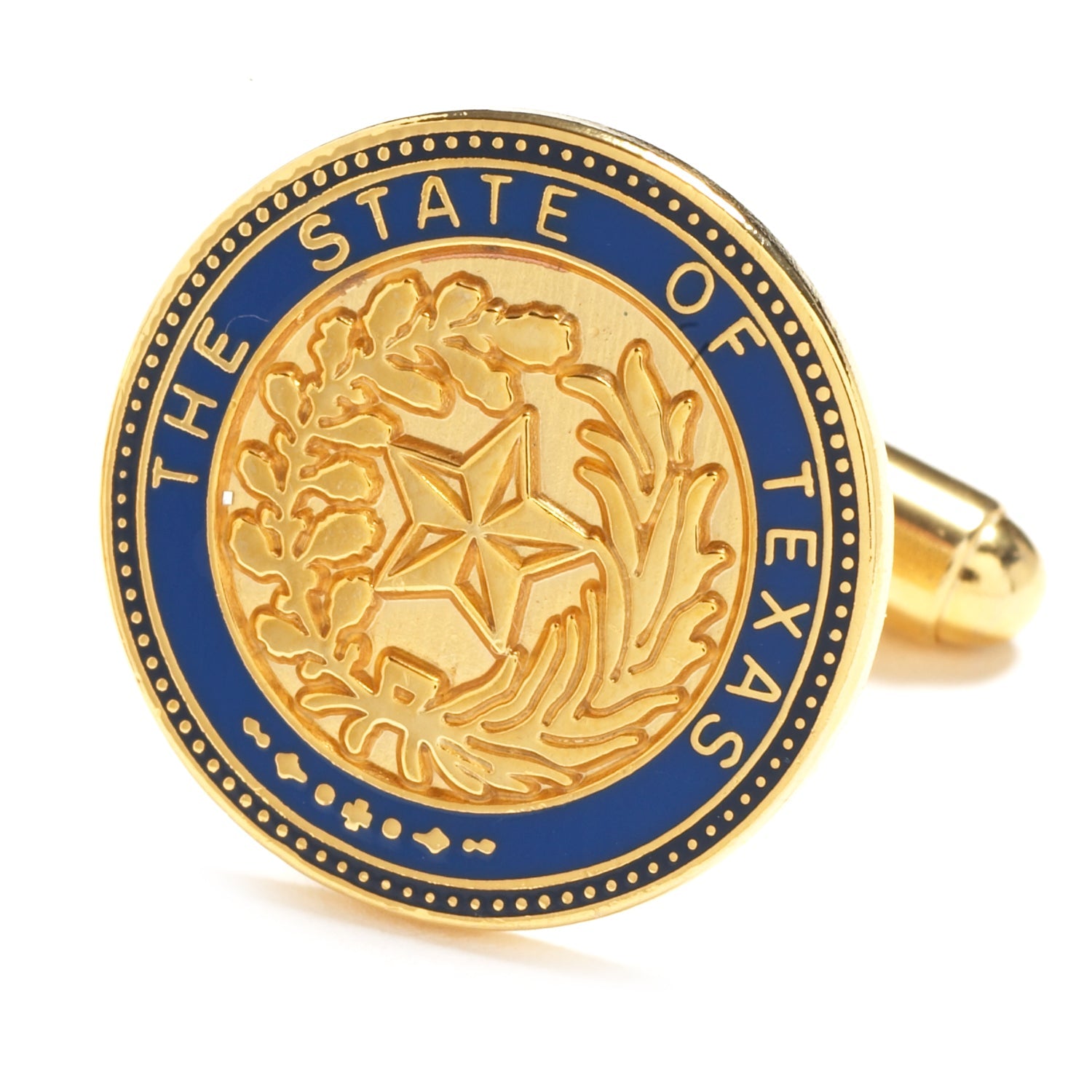 Gold and blue emblem of The State of Texas on a white background