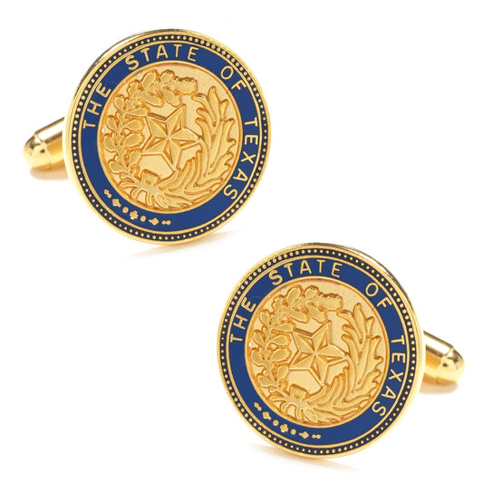 Gold and blue cufflinks with 'The State of Texas' text on a white background