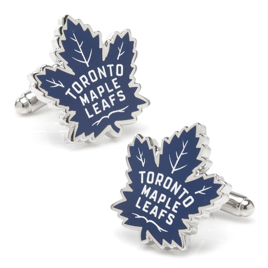 Toronto Maple Leafs cufflinks with blue and silver design on a white background