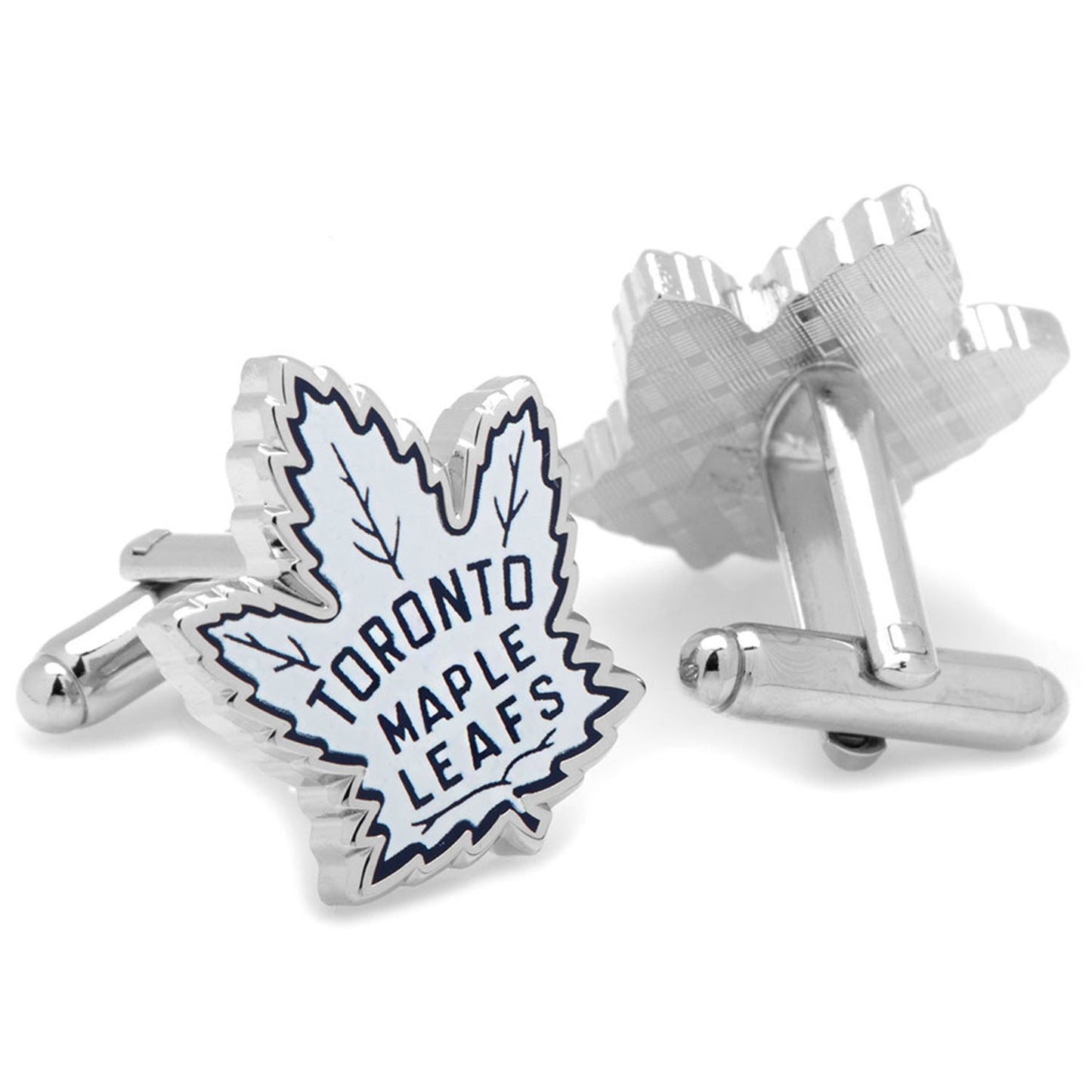Silver cufflinks with Toronto Maple Leafs logo on a white background