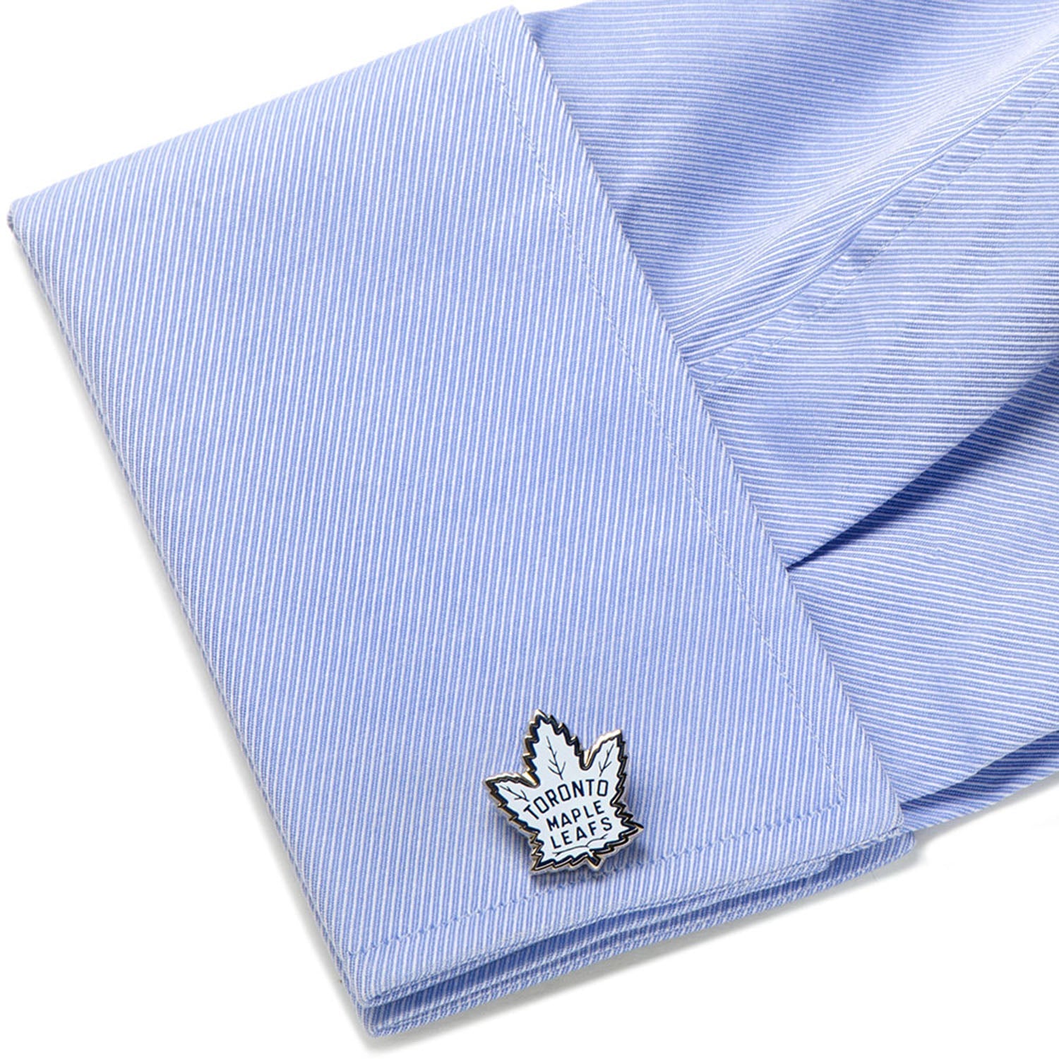 Blue striped shirt with a Toronto Maple Leafs logo on a white background