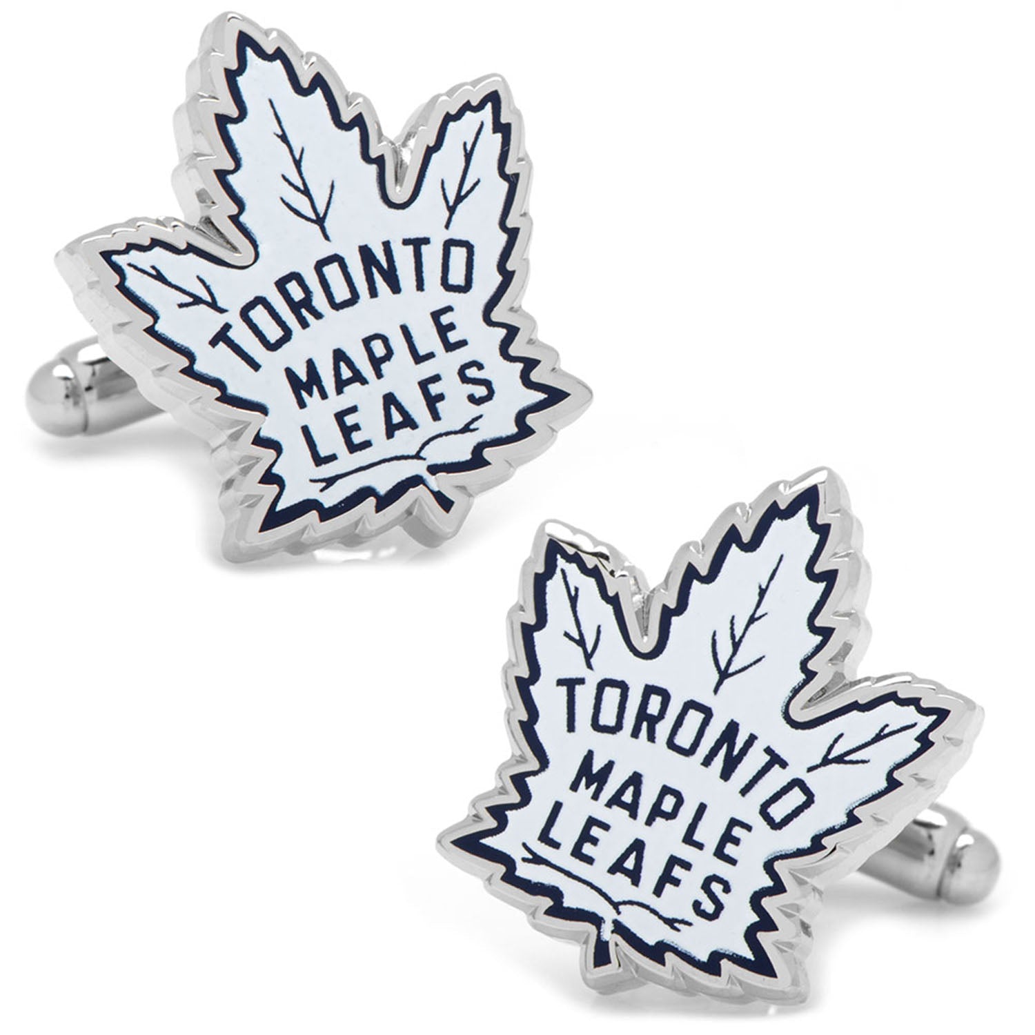 Toronto Maple Leafs cufflinks with white maple leaf design on a white background