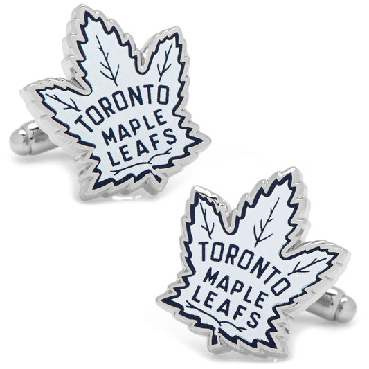 Toronto Maple Leafs cufflinks with white maple leaf design on a white background