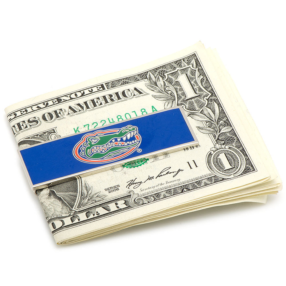 Stack of U.S. dollar bills with a Florida Gators logo on a white background