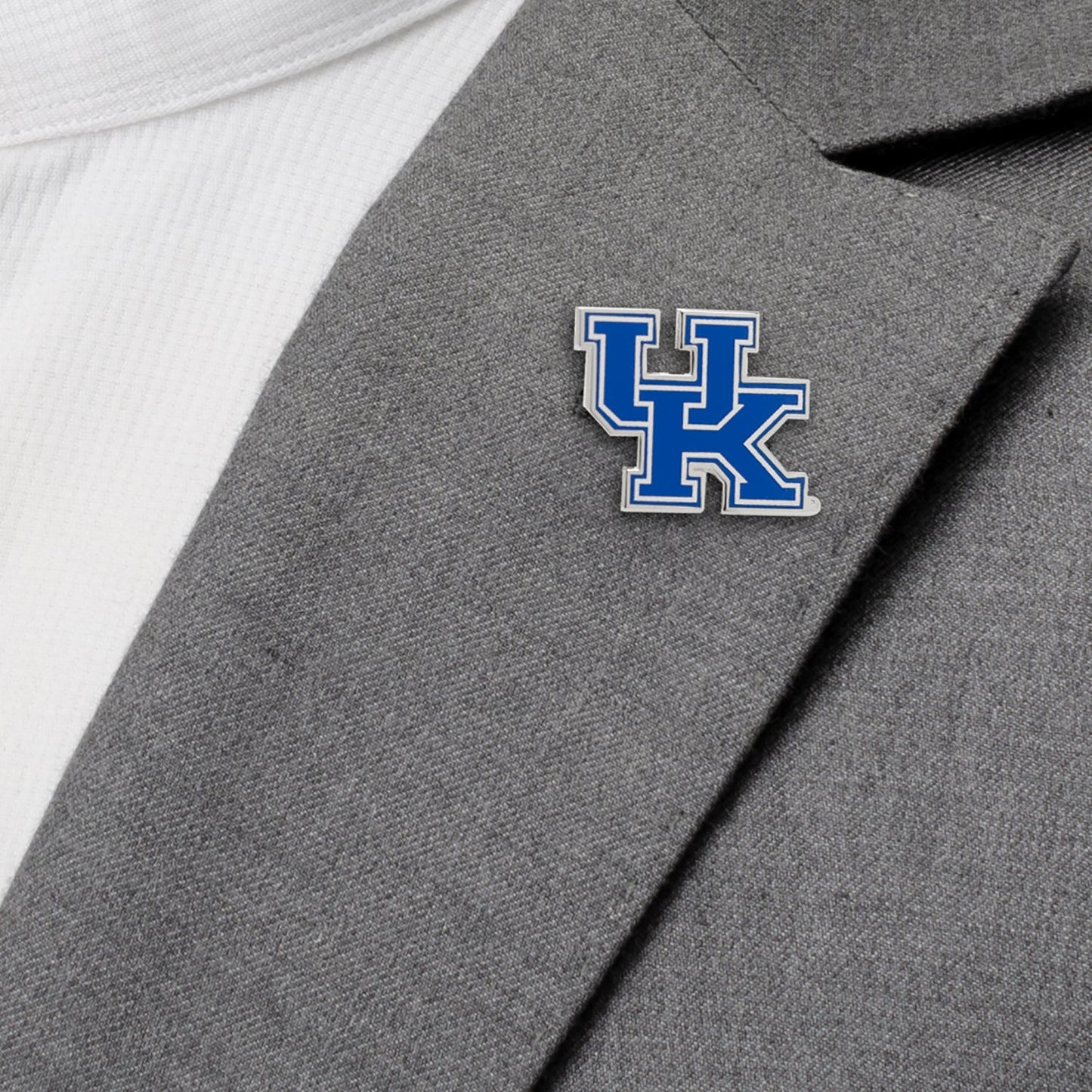 NCAA University of Kentucky Wildcats Lapel Pin Gray blazer with a blue and white logo on a white background