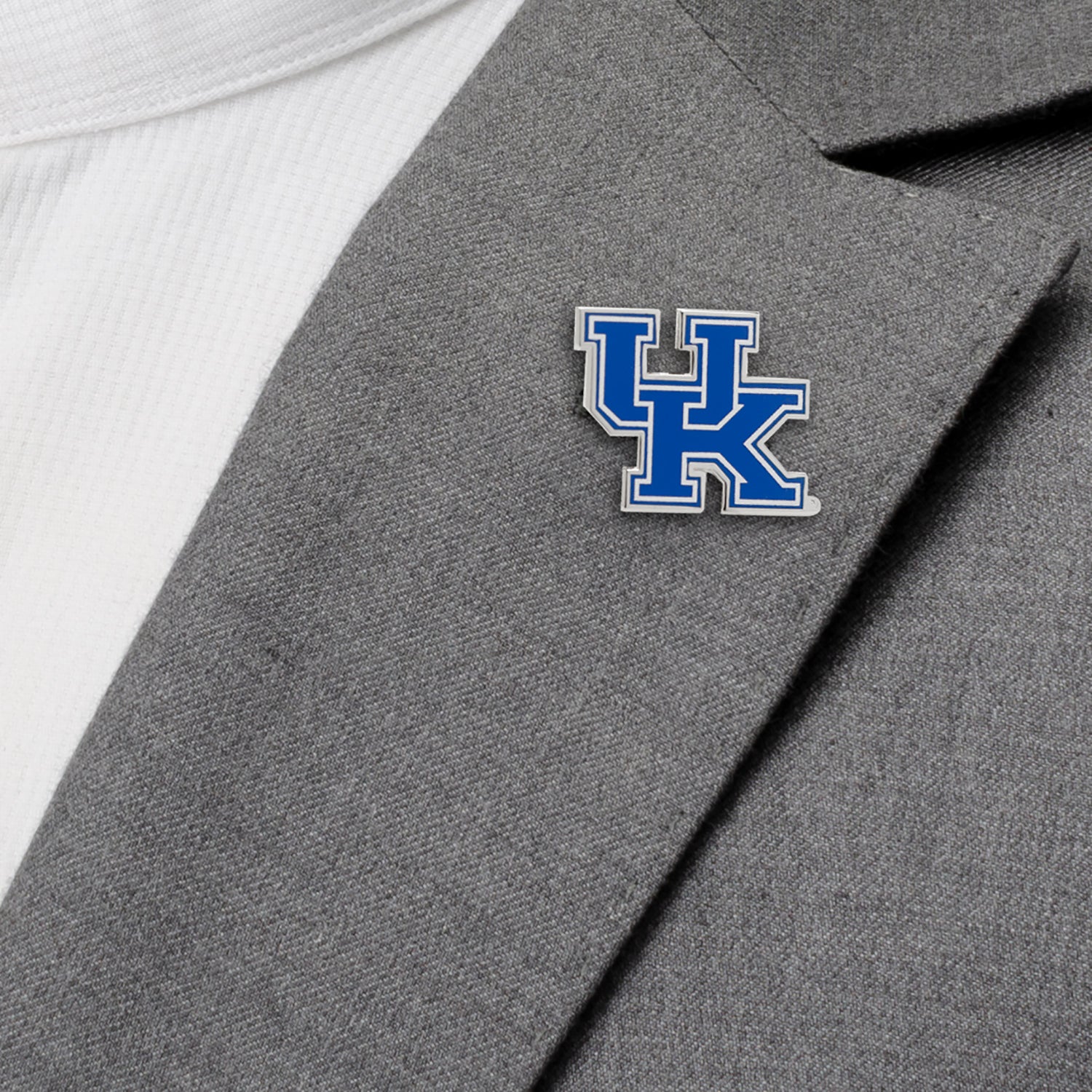 NCAA University of Kentucky Wildcats Lapel Pin Gray blazer with a blue and white logo on a white background