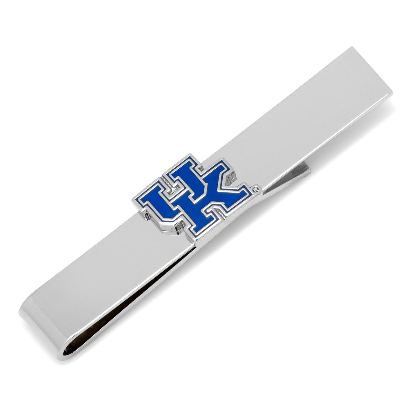 Silver tie clip with blue 'KY' logo on a white background