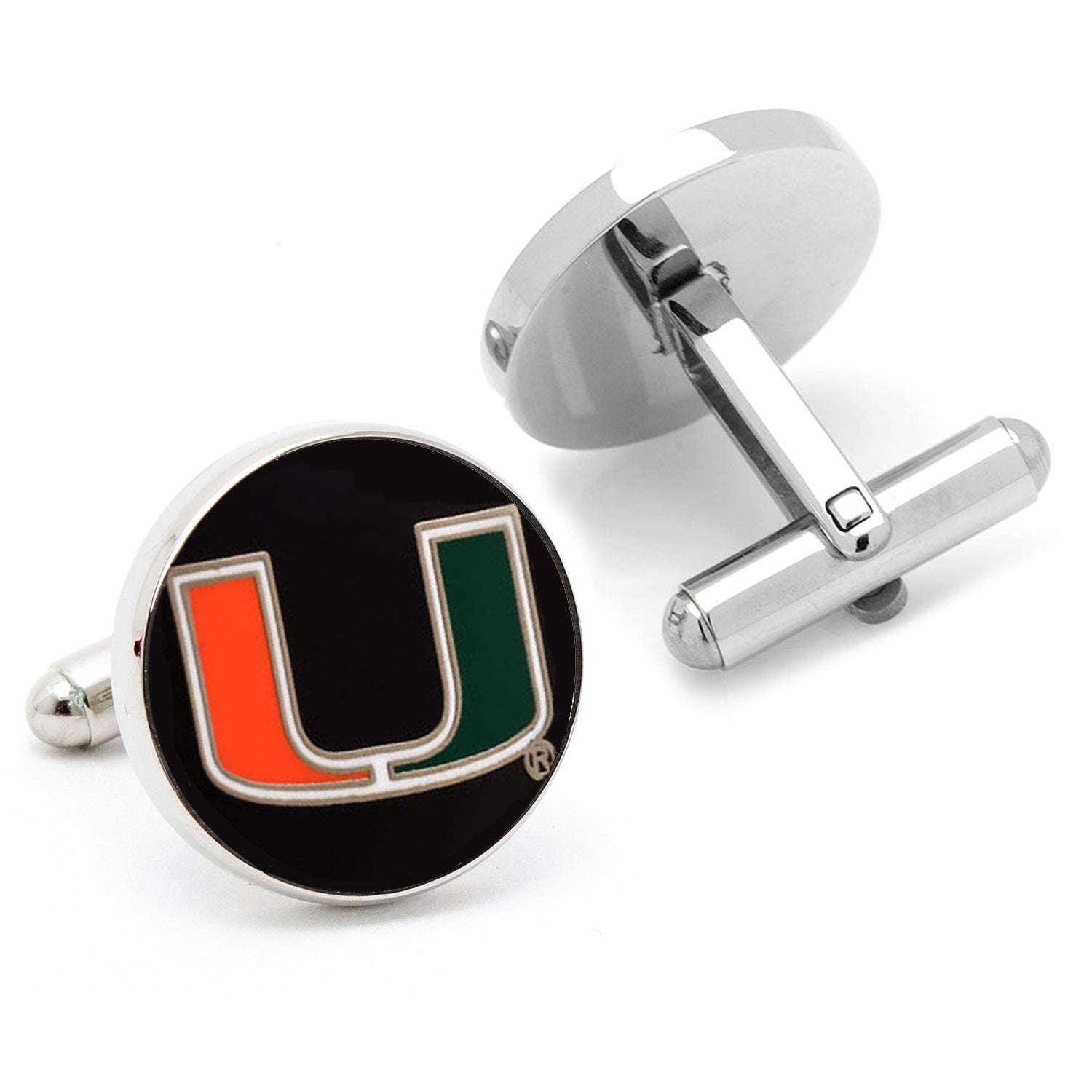 Cufflinks with a logo featuring a large 'U' in orange and green on a black background. NCAA Miami Hurricanes Cufflinks