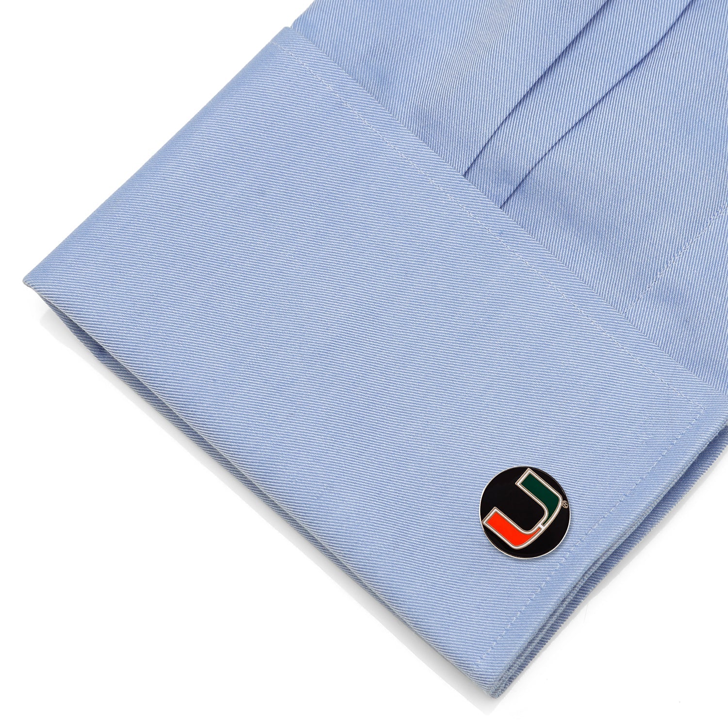 Cufflink on a light blue shirt with a white background NCAA Miami Hurricanes Cufflinks