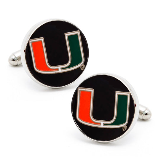 Cufflinks with a logo featuring a black circle, green 'U', and orange 'U' on a white background. NCAA Miami Hurricanes Cufflinks