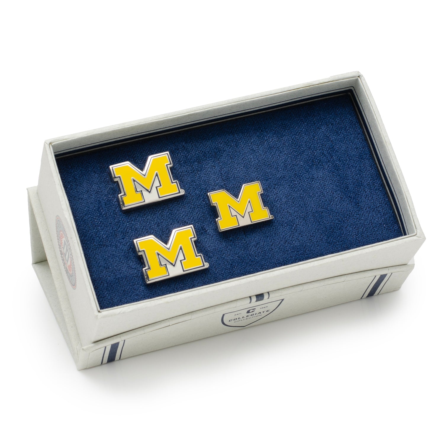 Cufflinks with 'M' logo in a branded box on a white background