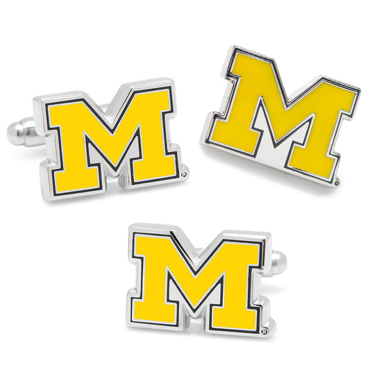 Yellow 'M' letter cufflinks on a white background