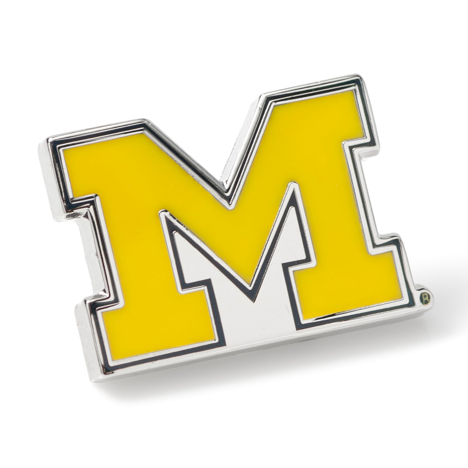 Yellow 'M' logo with a silver border on a white background