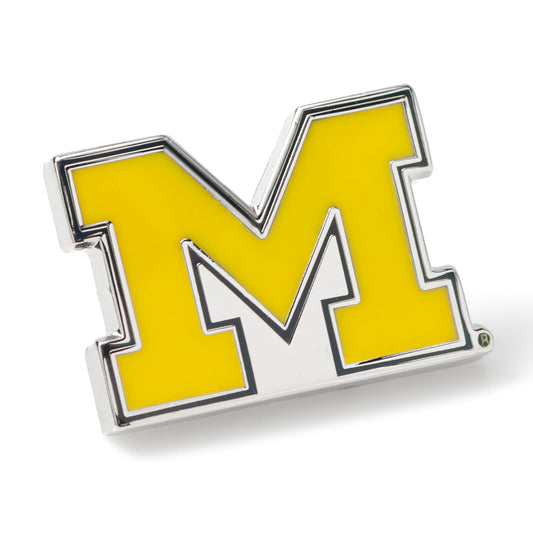 Yellow 'M' logo with a silver border on a white background