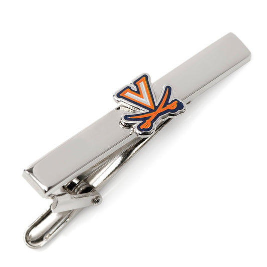 Silver tie clip with a logo on a white background