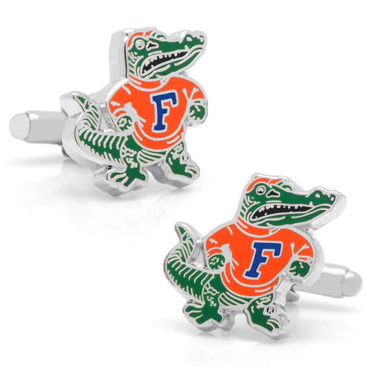 Pair of alligator-themed cufflinks with orange and green design on a white background University of Florida Throwback Cufflinks