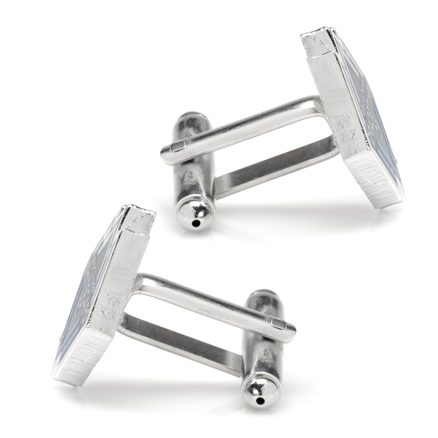Silver cufflinks with a textured design on a white background