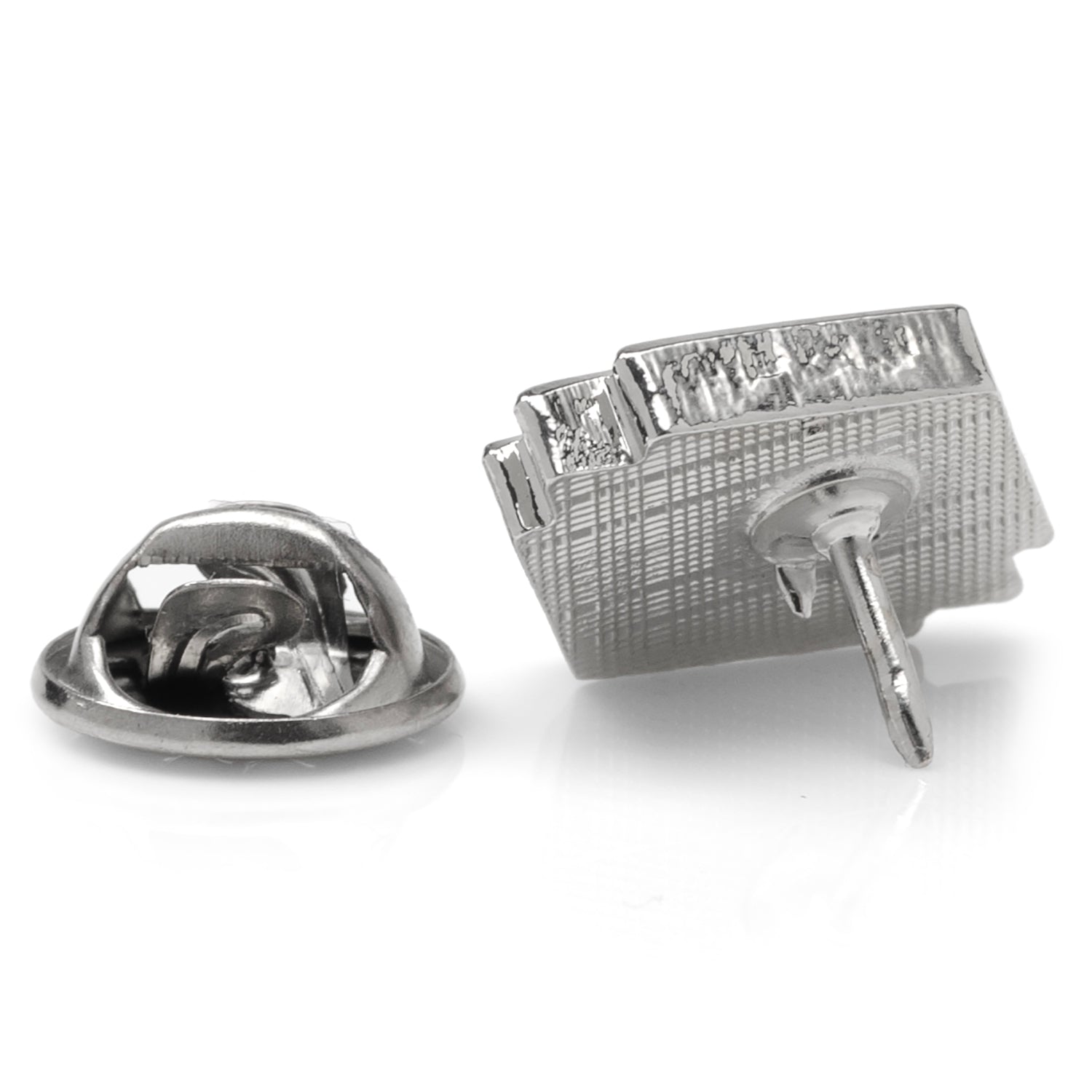 Silver square earring with clear gemstones on a white background