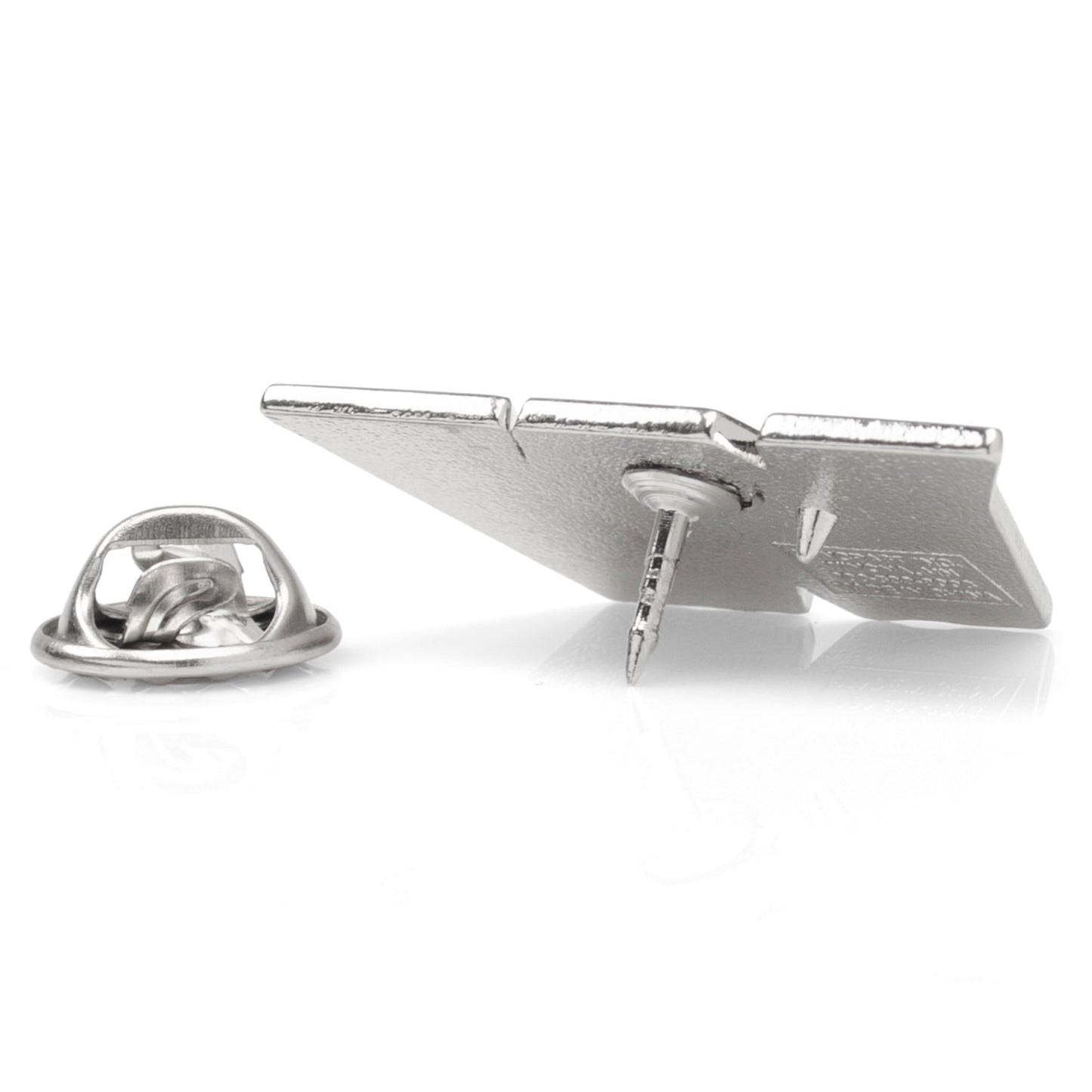 Silver lapel pin on a white background
