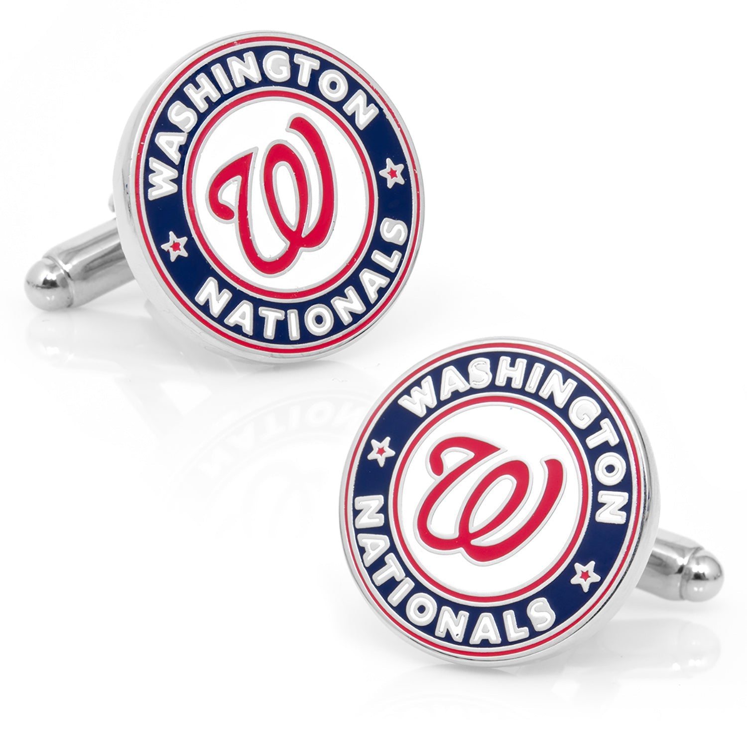 Pair of Washington Nationals cufflinks on a white background