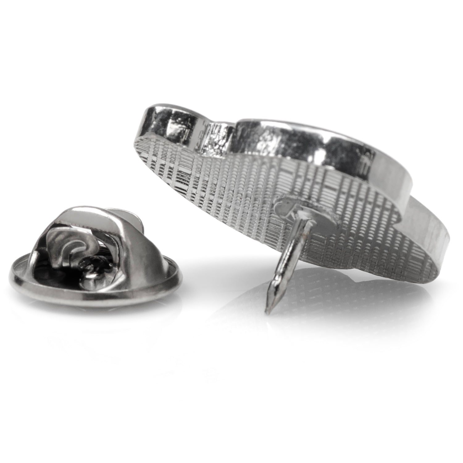 Metallic badge clasp on a white background