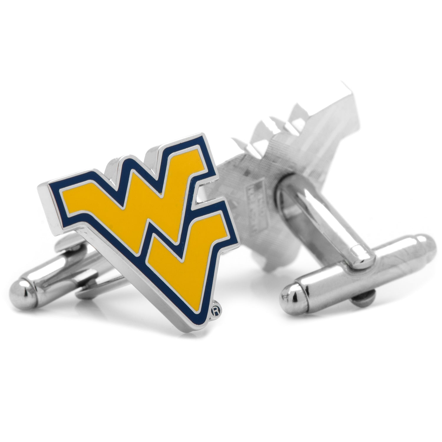 NCAA West Virginia Mountaineers Cufflinks Cufflinks with a yellow 'W' logo on a white background