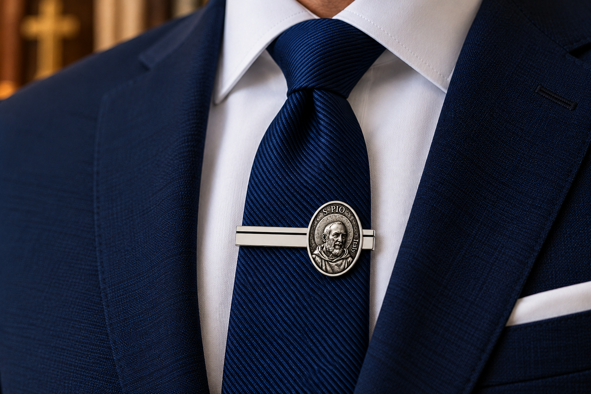 A close-up of a navy blue textured tie with a silver-toned tie bar featuring an oval portrait medallion, worn with a white dress shirt and dark navy suit jacket.
